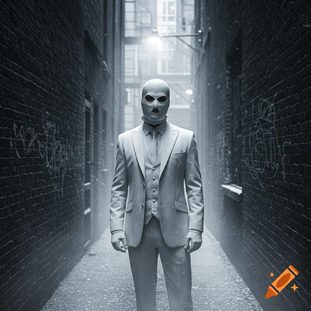A mysterious figure in a white suit and ski mask stands in a dark, snowy urban alley, in a monochromatic, photorealistic style.