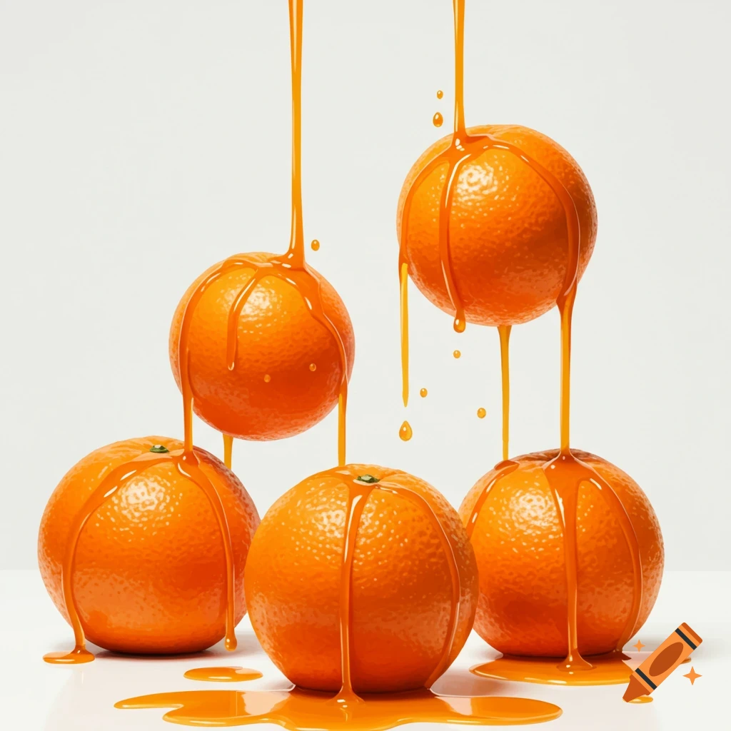 Five vibrant oranges with orange liquid dripping on and from them, against a clean white background. Photorealistic style.