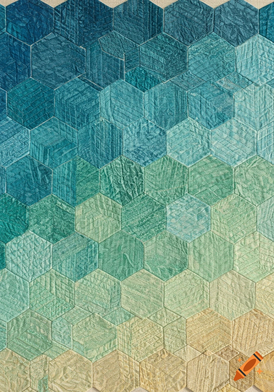 Quilt of hexagonal fabric patches in an ombre pattern, transitioning from dark blue to light green and beige, with various textures.