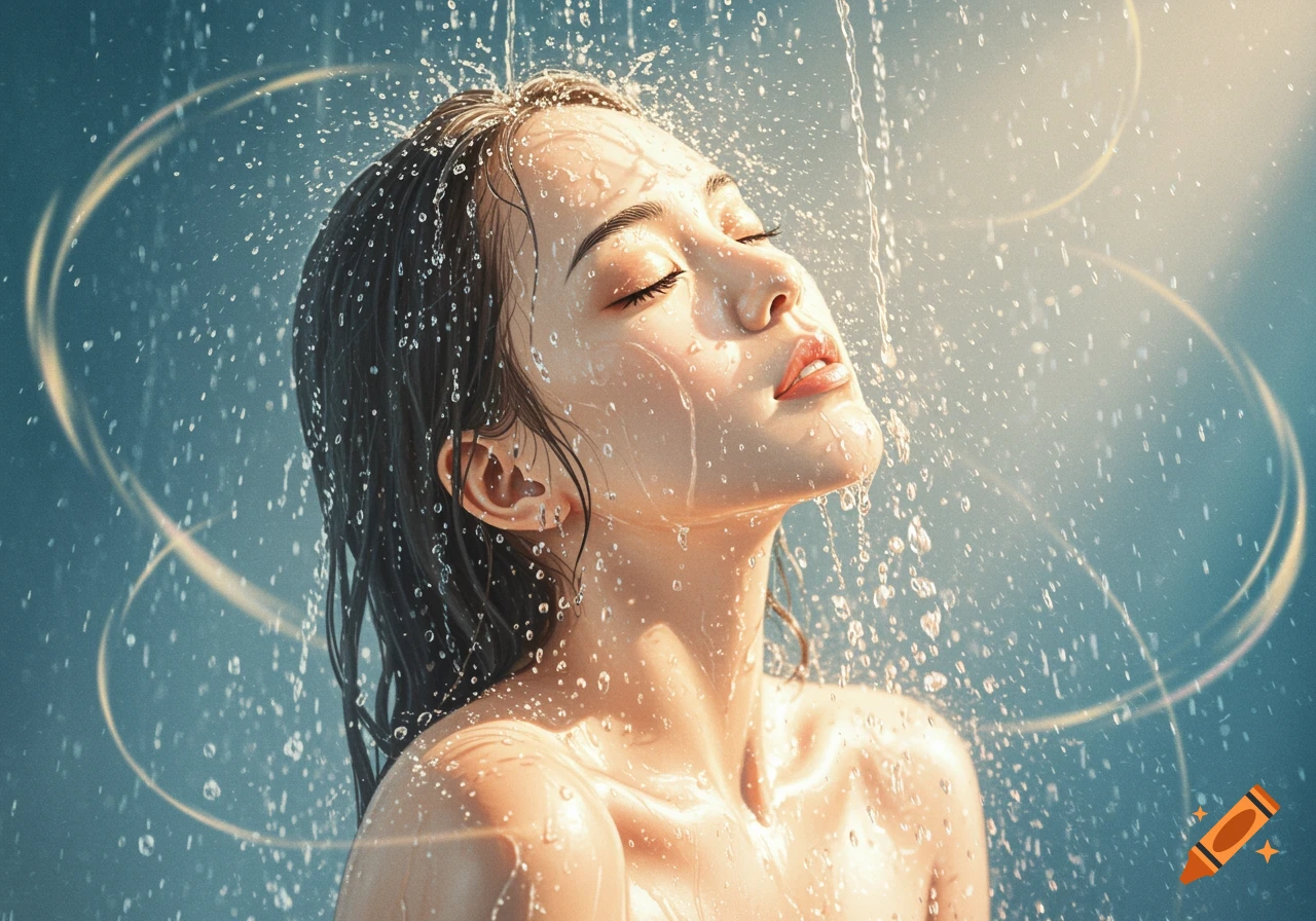 A woman with eyes closed and head tilted back, showering under falling water, with droplets on her face and hair.