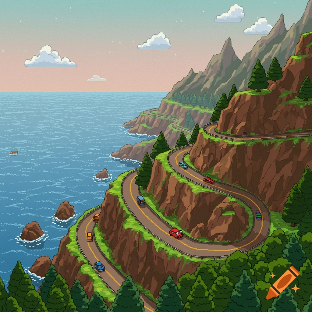 Pixel art landscape of a winding mountain road along a coastline with cars and trees, resembling a Nintendo 64 game.