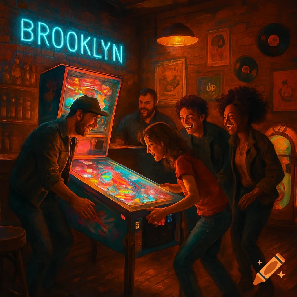 Four smiling people playing pinball in a dimly lit bar under a neon 'Brooklyn' sign.