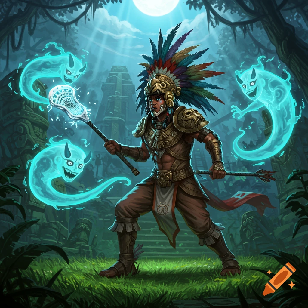 A warrior in ornate armor and feathered headdress battles glowing blue horned spirits with a lacrosse stick in a moonlit jungle with ancient ruins.