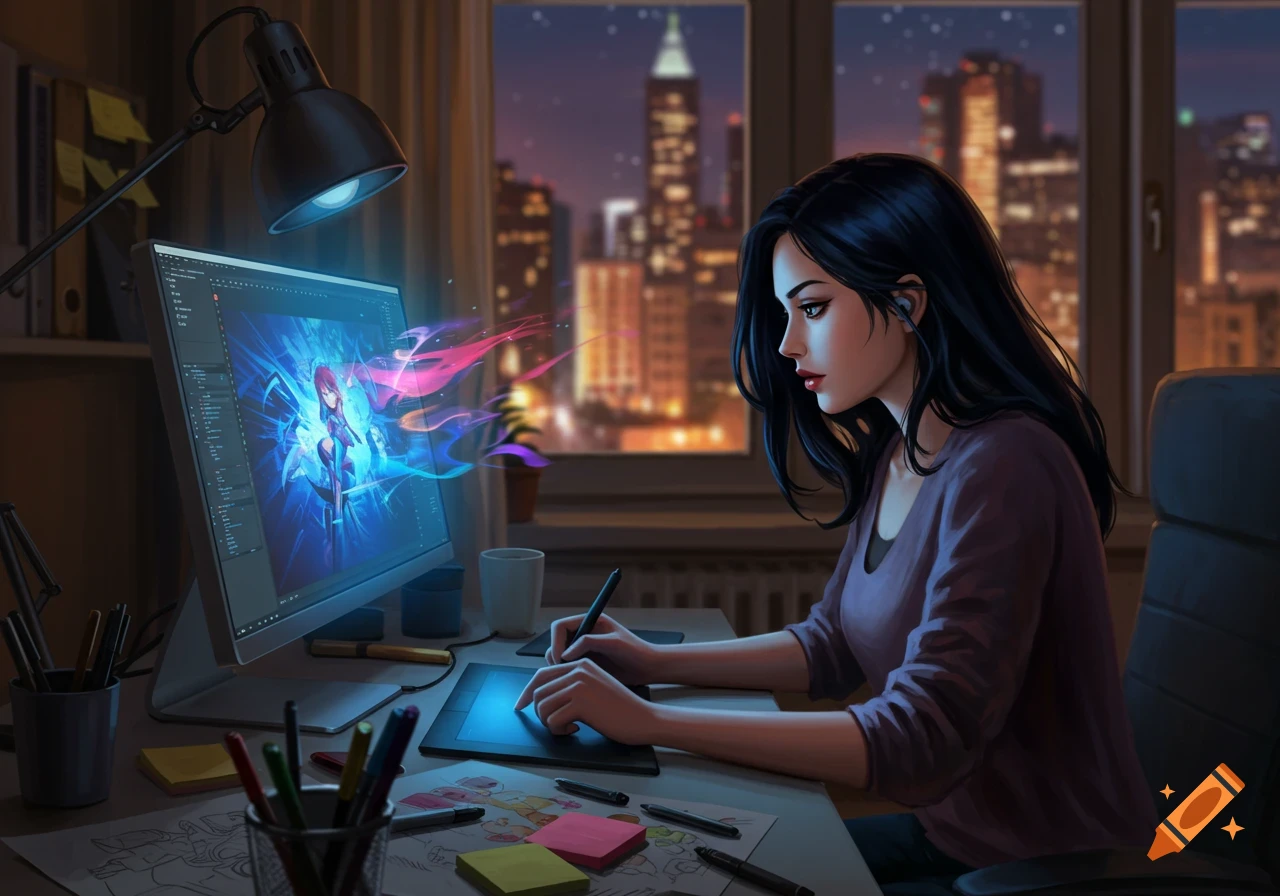 An anime-style illustration of a young woman with dark hair, focused on her glowing computer screen and drawing on a tablet at her desk at night, with a city skyline in the background.