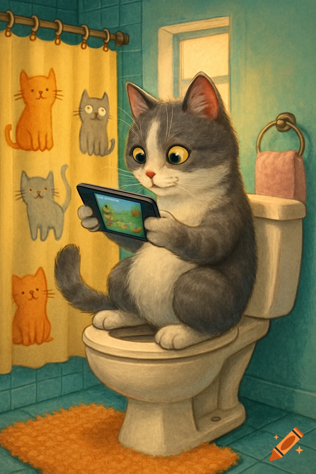 A cartoon cat sits on a toilet playing a handheld video game, with cat-patterned shower curtains in the background.