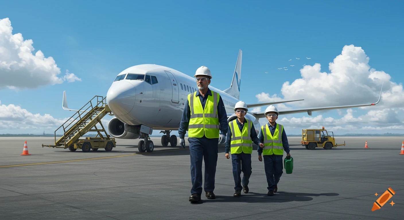 A maintenance crew in high-visibility vests and hard hats walking on an airport tarmac in front of a large white Boeing 737 under a clear sky with scattered clouds.