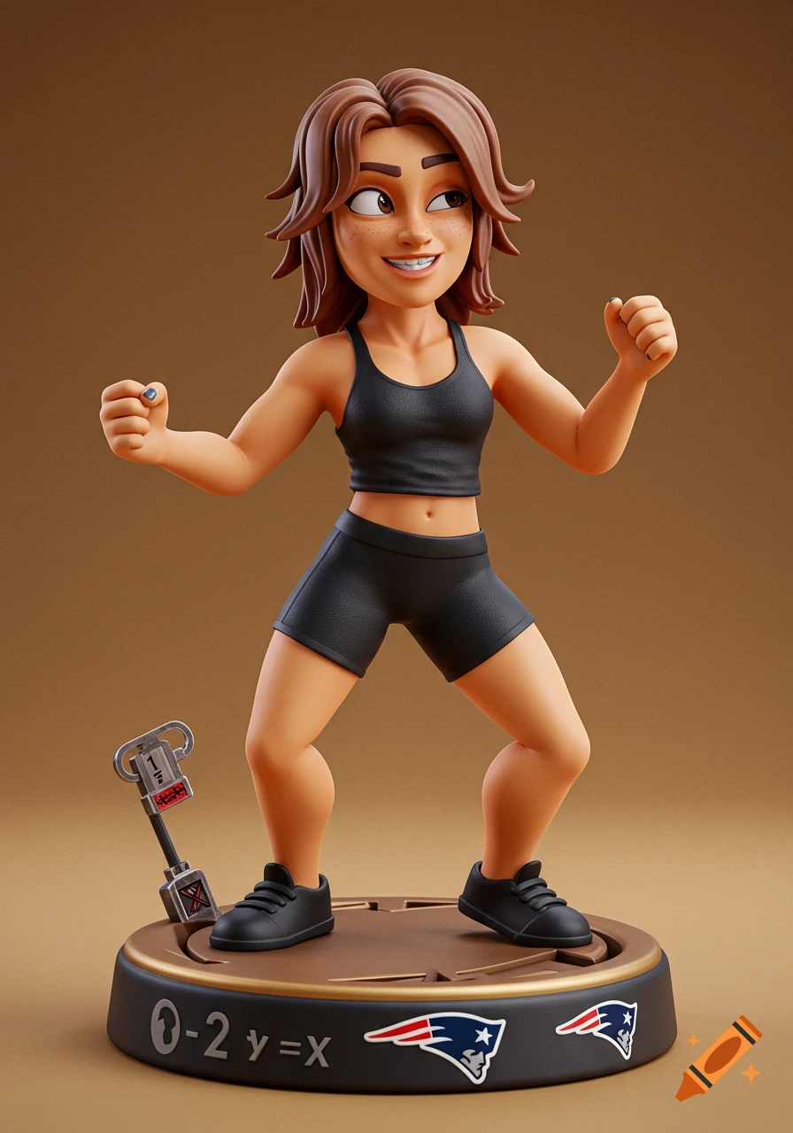 A high-quality 3D render of a stylized female action figure with brown hair, black sports bra, shorts, and braces, in a dynamic pose. Base features New England Patriots emblems and a math equation.