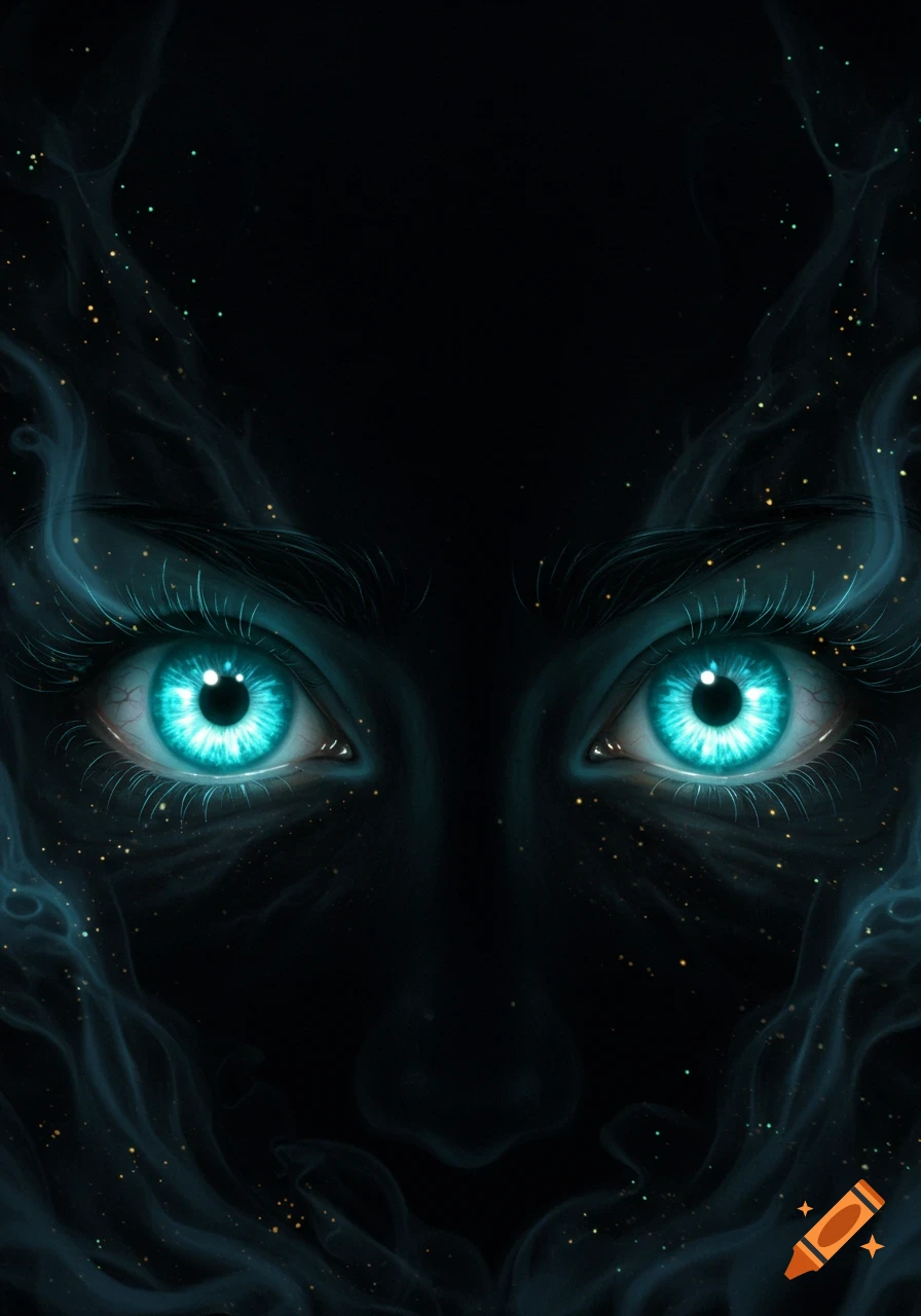 A pair of vivid glowing blue eyes emerges from darkness, surrounded by  wisps of smoke and golden sparkles. on Craiyon, image size:896x1280