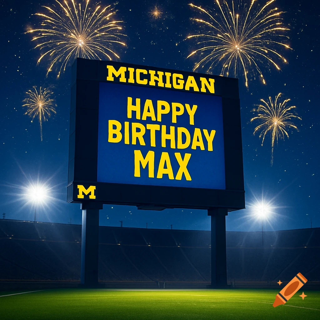 A photorealistic image of a Michigan football stadium scoreboard at night, displaying 'HAPPY BIRTHDAY MAX' and 'MICHIGAN' with fireworks exploding above.