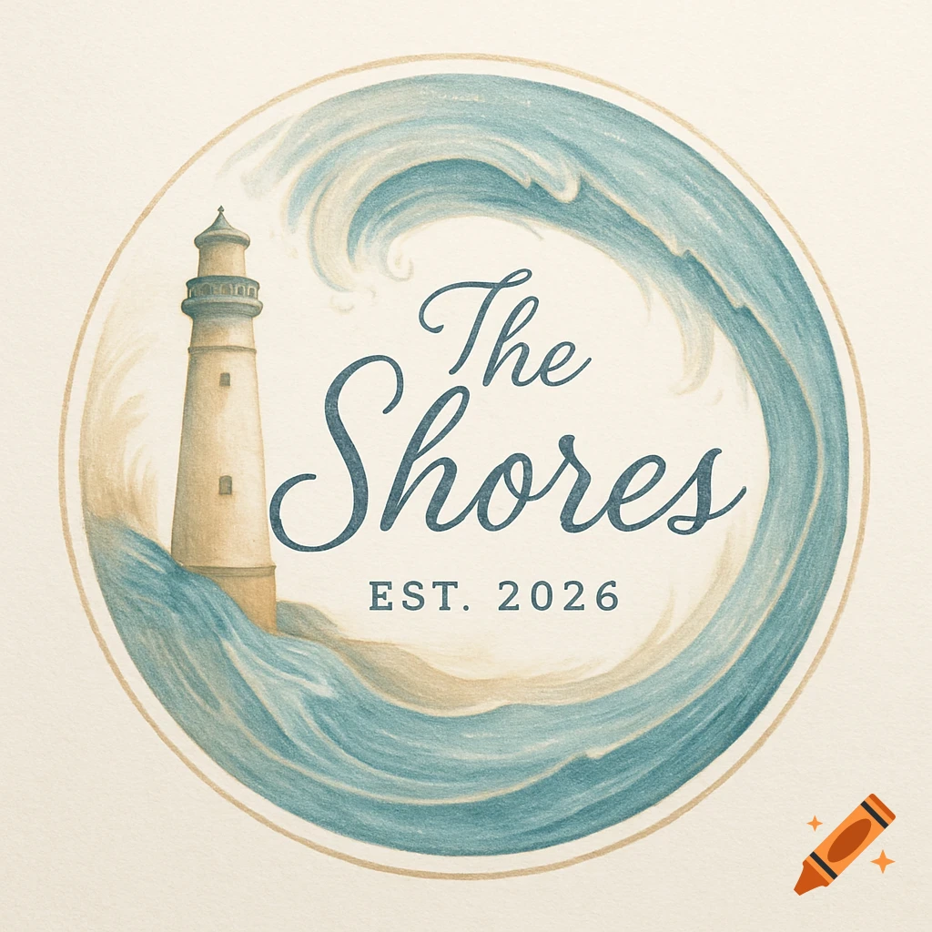 Circular logo with a lighthouse and swirling blue ocean waves, featuring 'The Shores' in cursive and 'EST. 2026' text.
