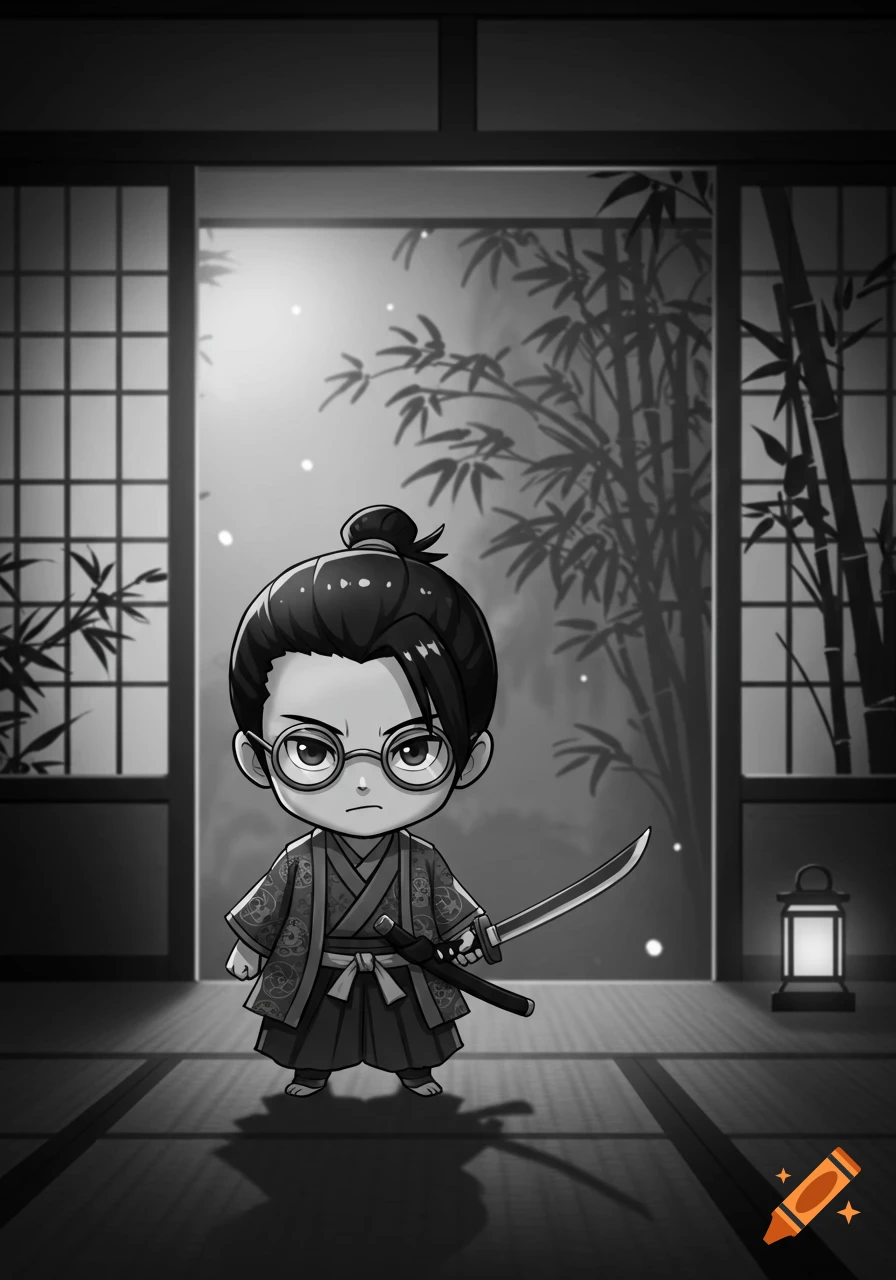 A black and white chibi samurai teacher with glasses and a sword stands in a traditional Japanese room with bamboo outside.