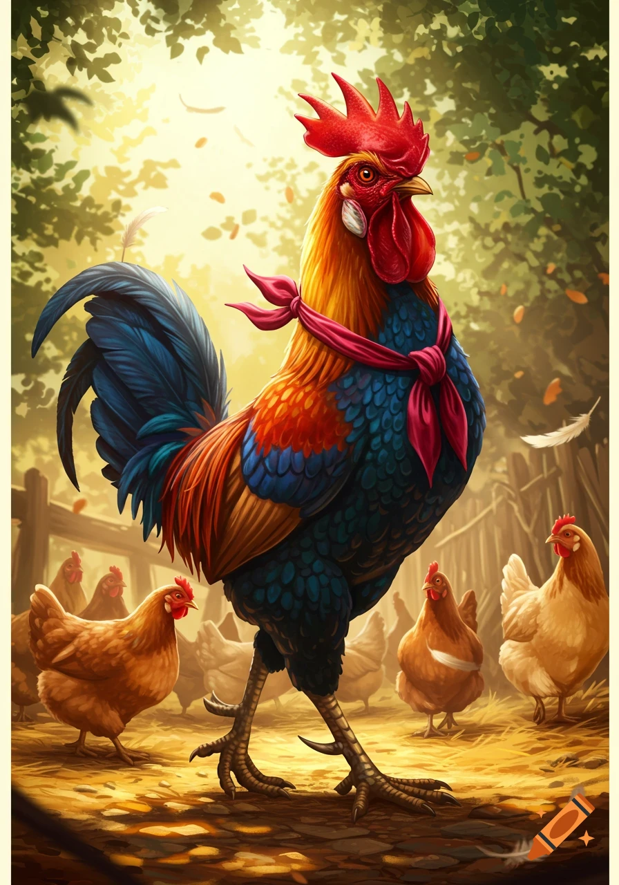 A colorful rooster with a red bandana stands on a sunny path, surrounded by hens, in an illustrative style.