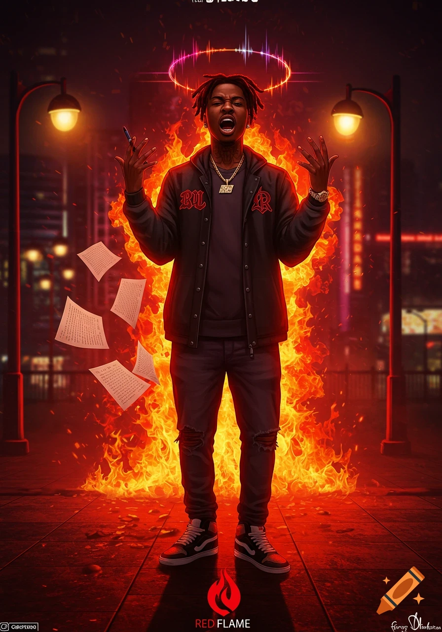 A stylized illustration of a man with dreadlocks, wearing a black jacket and ripped jeans, standing amidst flames. He holds a pen, raises his hands, and has a glowing halo-like ring above his head. Papers float around him, and streetlights illuminate the dark city background. The text "RED FLAME" is at the bottom.