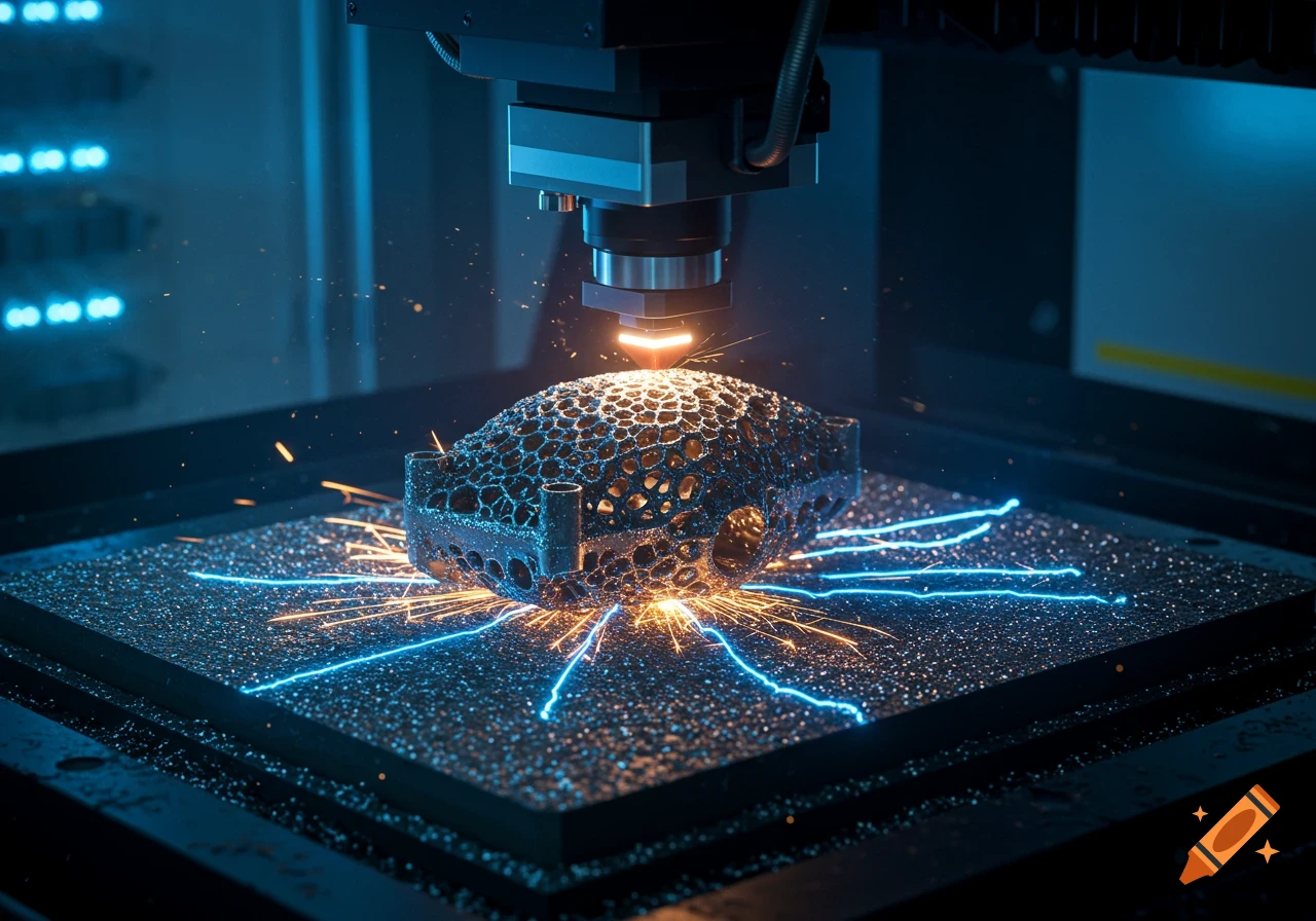 Photorealistic close-up of a laser conducting powder bed fusion on a complex metal part, creating sparks and blue light.