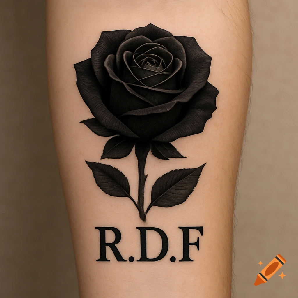 A photorealistic black rose tattoo with the initials R.D.F below it on a person's forearm.