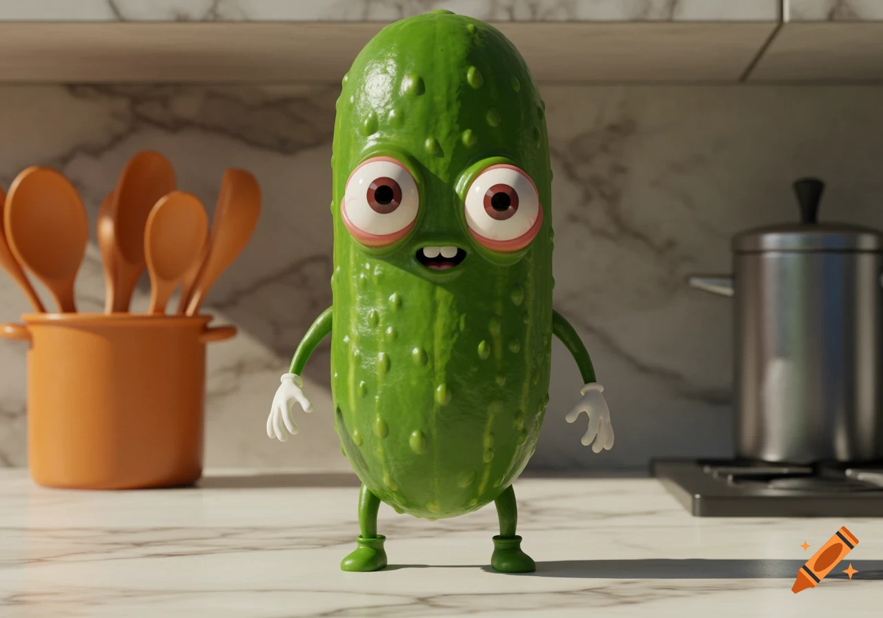 A cartoon pickle character with bulging eyes, human-like arms, hands, legs, and feet stands on a marble kitchen counter.