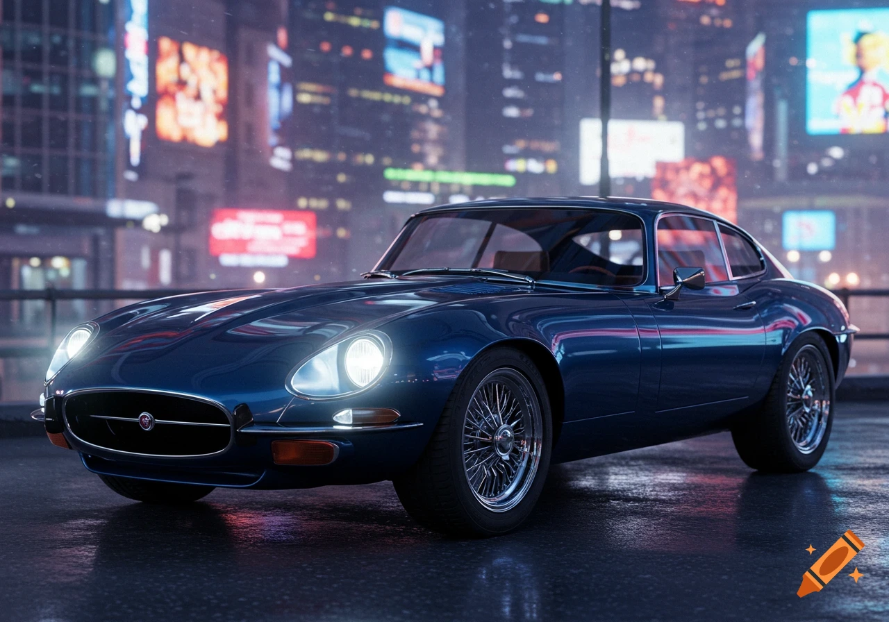 A sleek dark blue Jaguar E-Type coupe parked on a wet city street at night, with blurred, illuminated city lights in the background.