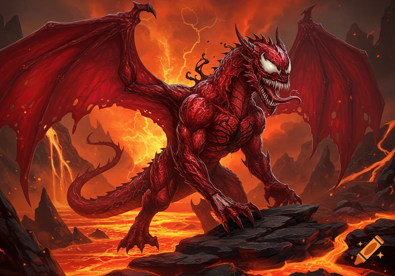 A red dragon-like creature with Venom symbiote features stands on dark rocks in a fiery volcanic landscape under a stormy orange sky.