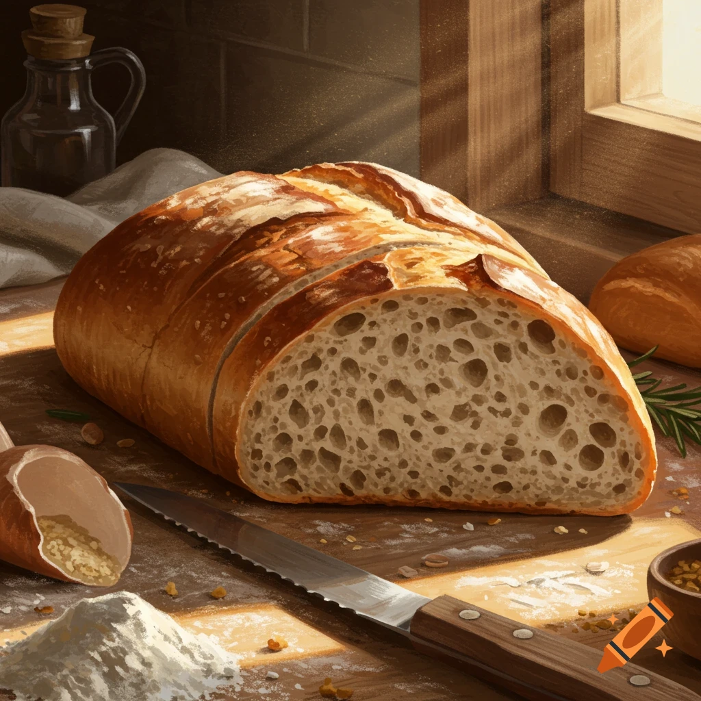A sliced loaf of crusty bread on a wooden table with flour, a knife, and an oil bottle, illuminated by sunlight from a window.