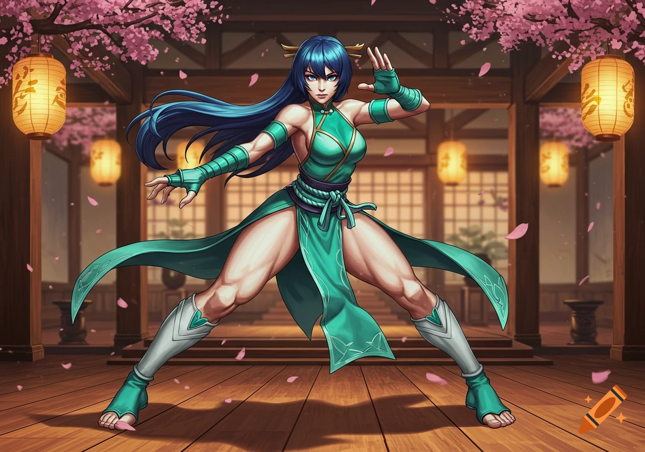 An anime-style female martial artist in a green outfit stands in a dynamic pose in a Japanese dojo with cherry blossoms.