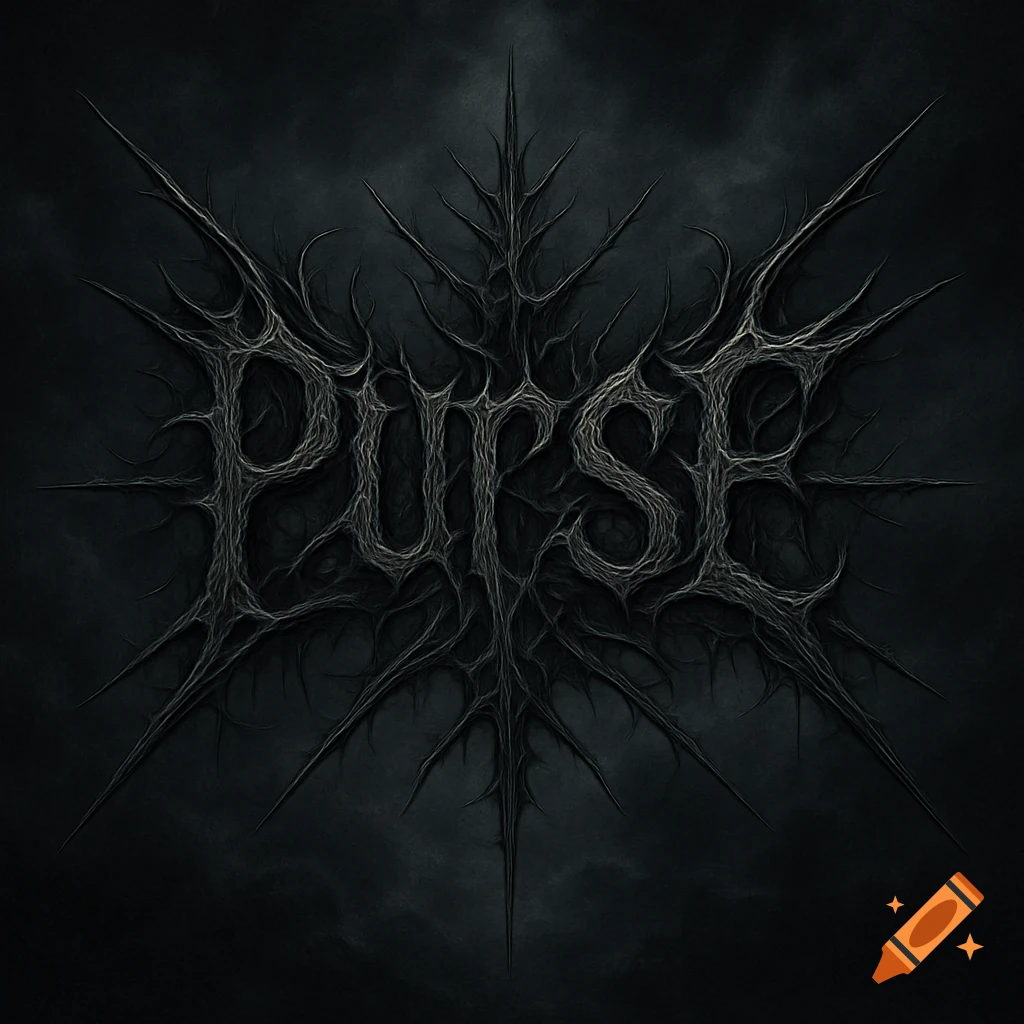 A dark, stylized black metal logo spelling 'PURSE' with spiky, root-like letters on a smoky grey background.