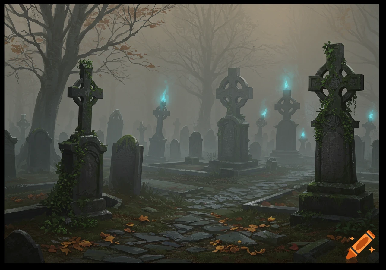 A foggy, haunting Irish graveyard at dusk with old Celtic crosses and glowing blue lights.