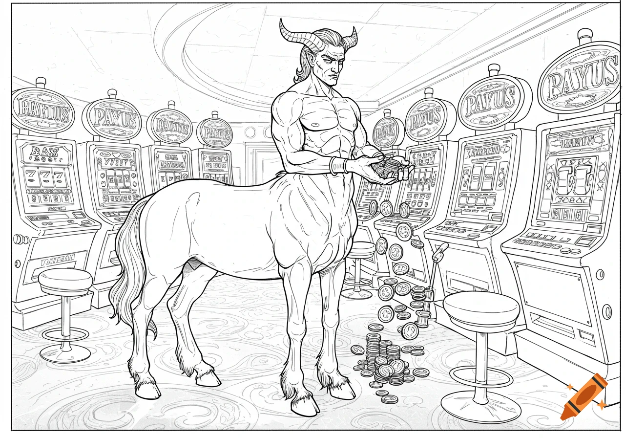 A black-and-white line art drawing of a muscular, horned centaur at a casino, holding coins near slot machines with piles of coins on the floor.