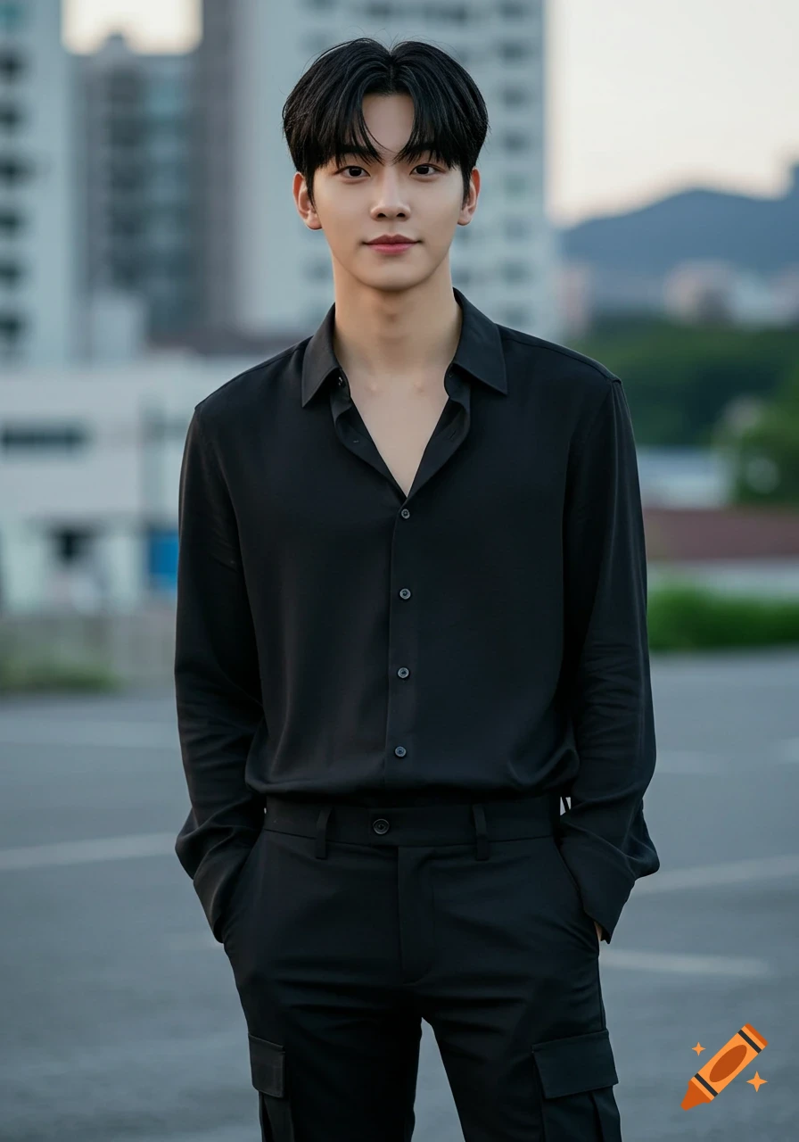 A photorealistic portrait of a young South Korean man with black hair, wearing a black long-sleeve button-up shirt and black cargo pants, standing outdoors.