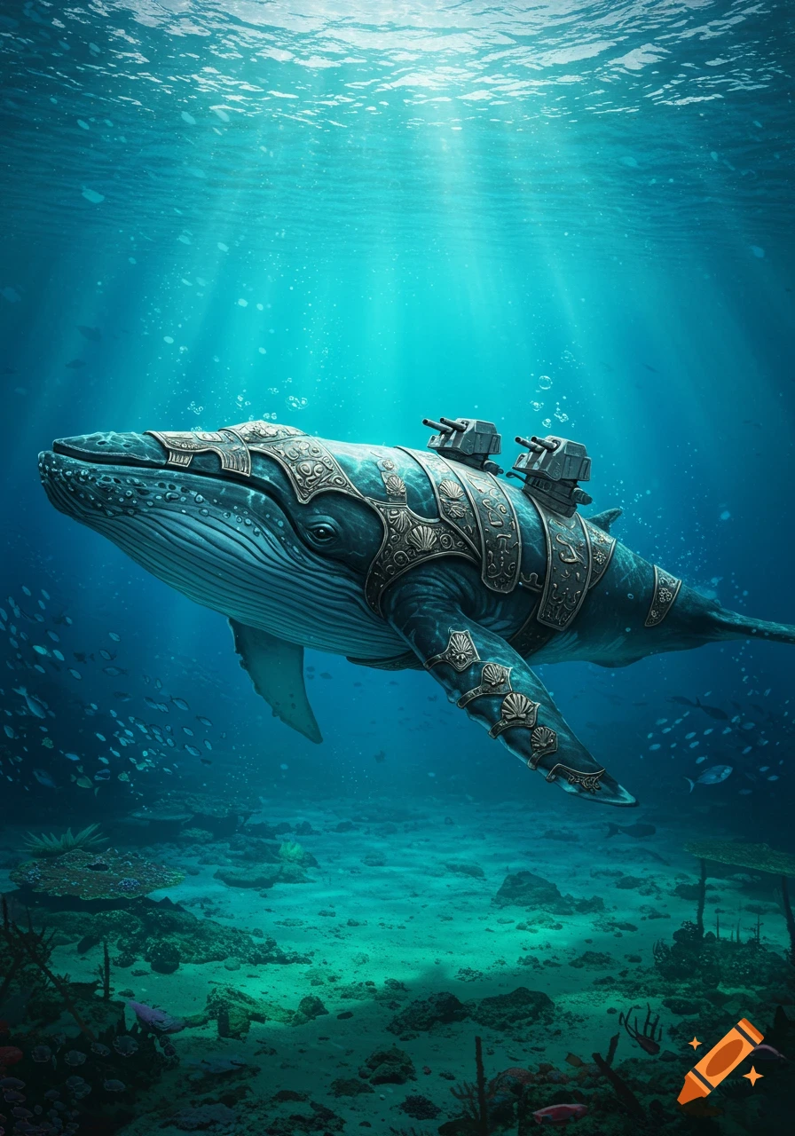 A large whale wearing ornate armor and turrets swims through a sunlit blue ocean with fish and coral.