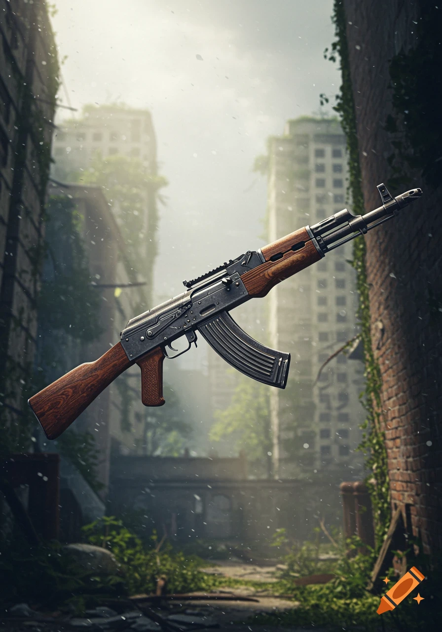 A photorealistic AK-47 assault rifle floats in the middle of a dilapidated, overgrown post-apocalyptic city street.