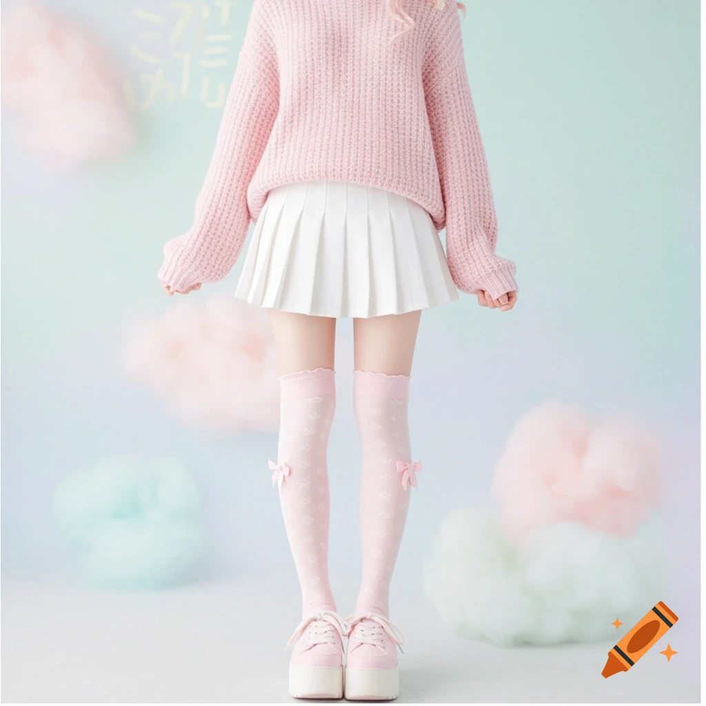 A person in a pink sweater, white pleated skirt, pink thigh-high socks, and platform sneakers against a pastel background.