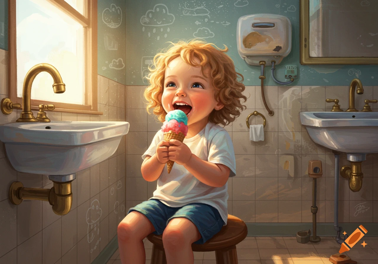 A happy young child with curly hair sits on a stool in a bathroom, joyfully eating a two-scoop ice cream cone. Illustrated style.