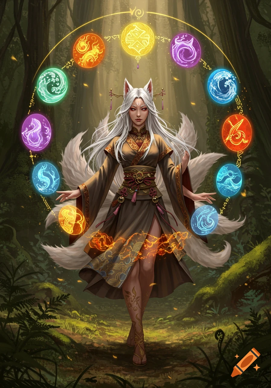 A female kitsune with long white hair and multiple tails, wearing a Japanese-style dress, stands in a forest with glowing elemental runes surrounding her.