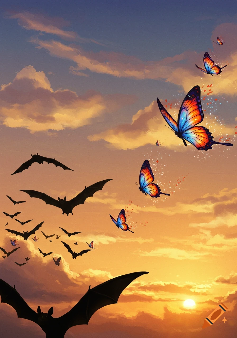 A vibrant sunset scene with silhouettes of bats flying against orange and blue clouds. Several colorful butterflies with sparkling trails fly amongst the bats.