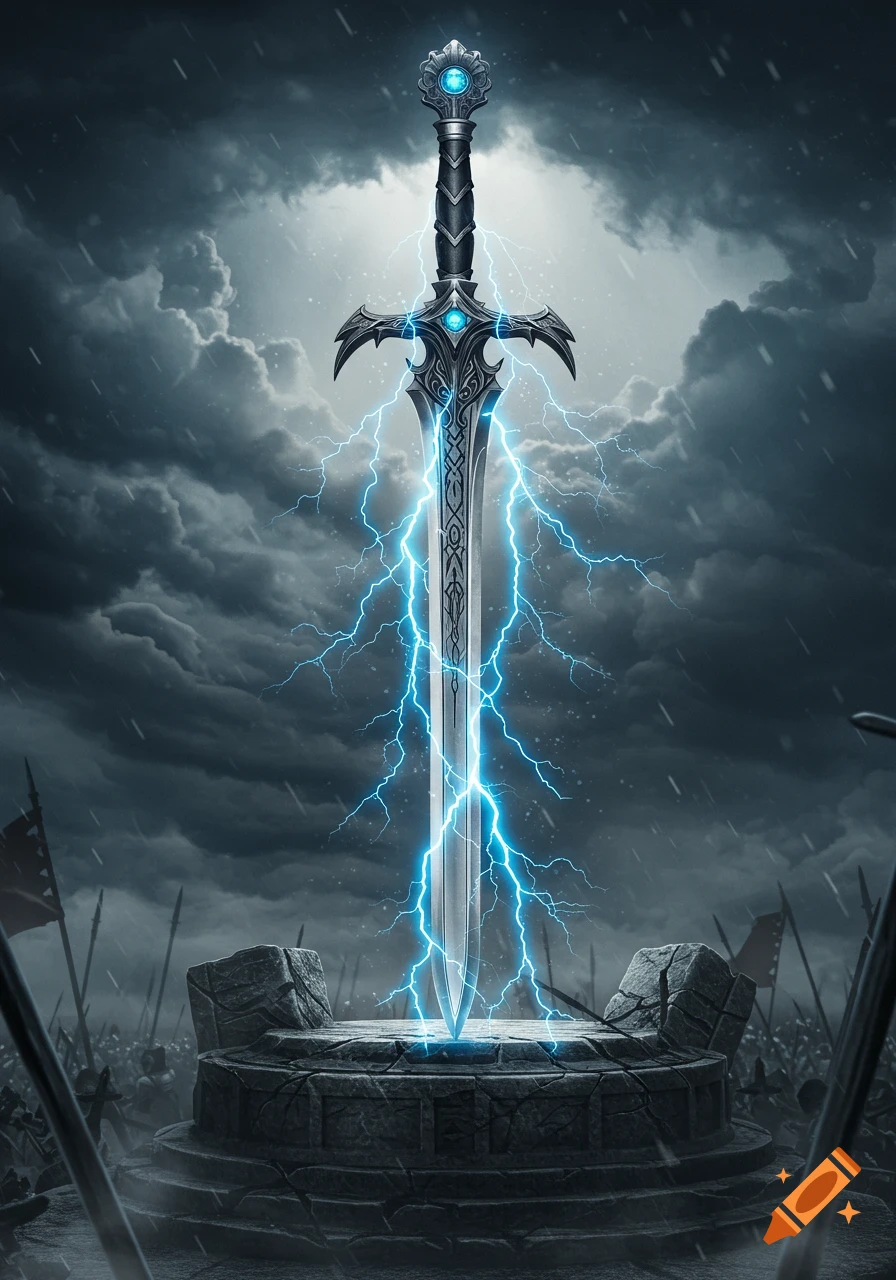 An ornate longsword glowing with blue lightning stands impaled in a stone pedestal under a stormy sky, with an army in the background.