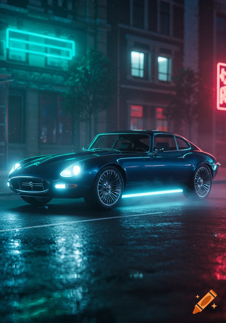 A sleek dark blue Jaguar E-Type car with neon blue underglow sits on a wet city street at night, illuminated by glowing headlights and colorful neon signs.