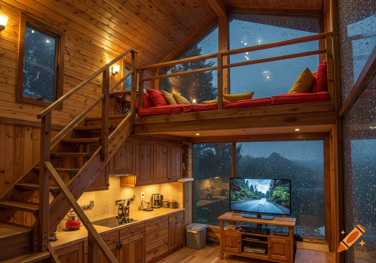 A cozy, photorealistic multi-level wooden cabin interior with stairs, a loft, a kitchen, and large windows showing a rainy mountain view.