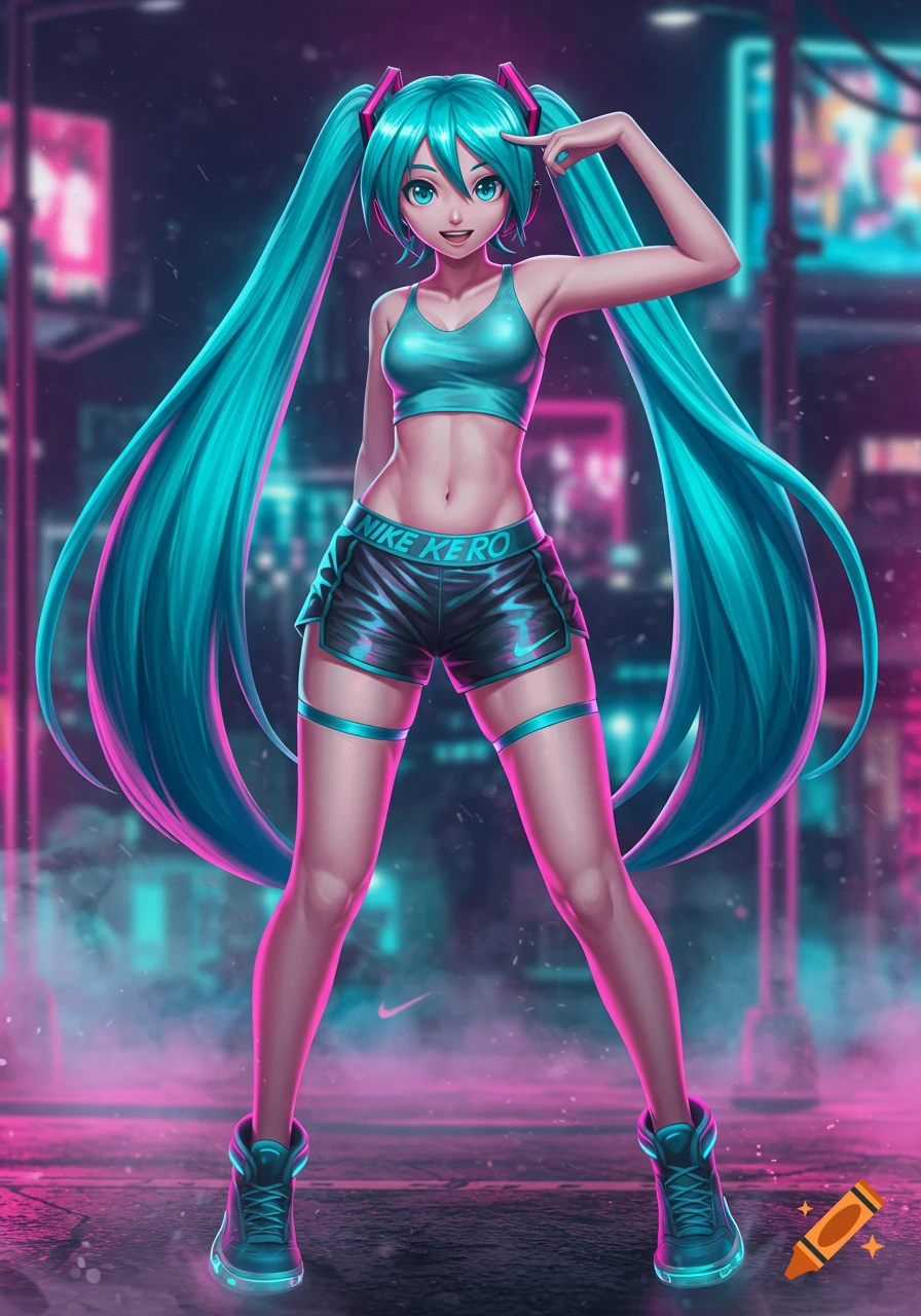Anime-style Hatsune Miku in a teal sports bra and black shorts, standing on a neon-lit cyberpunk street.