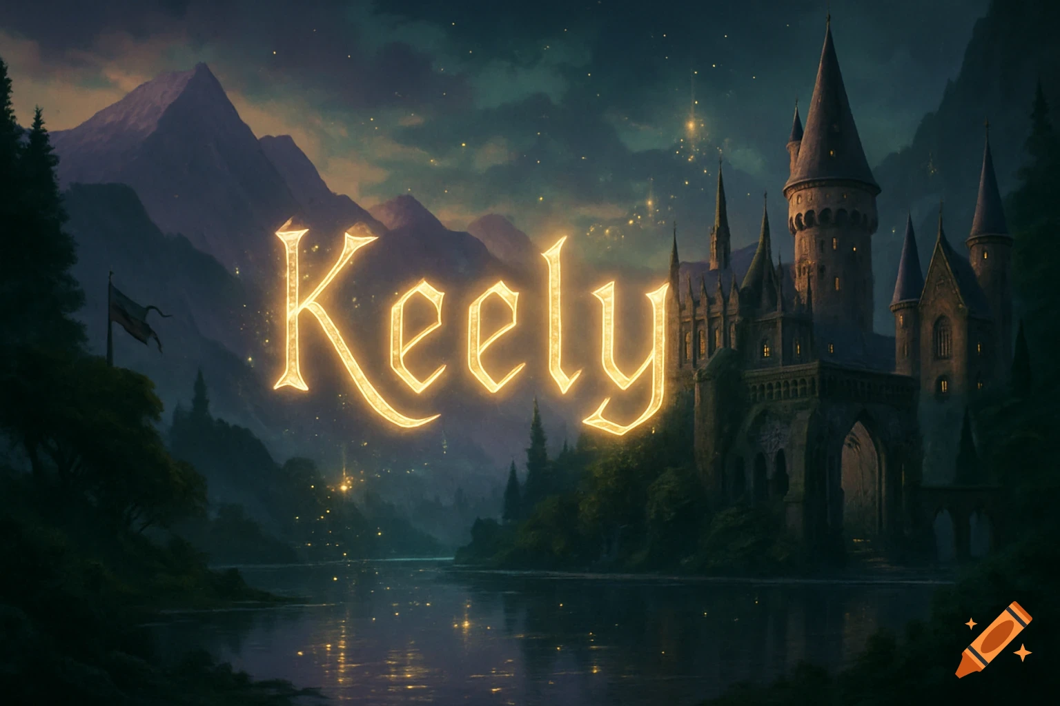 Glowing golden text 'Keely' over a magical castle and mountain landscape at dusk.