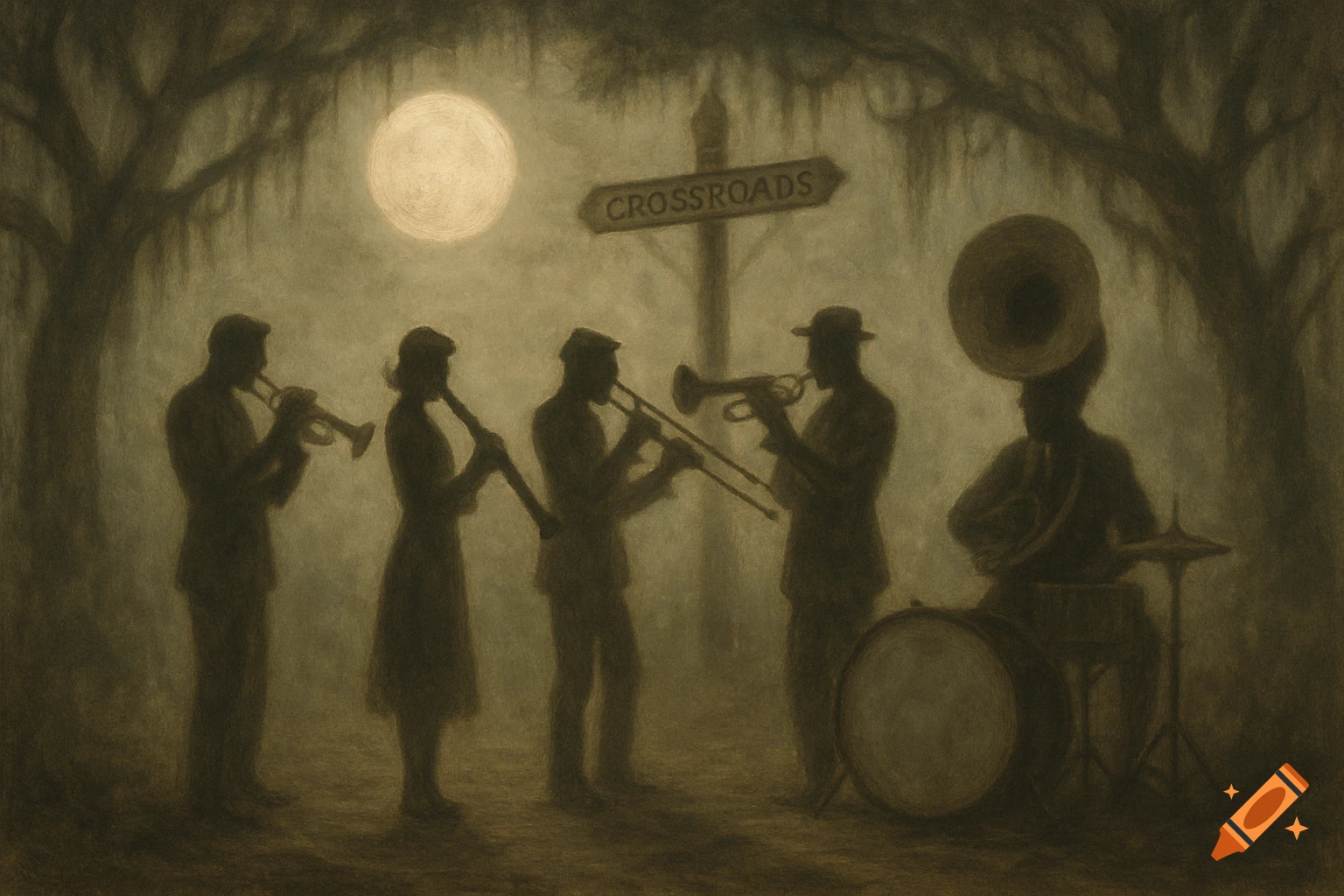 Shadowy jazz musicians at a foggy crossroads under a full moon, framed by twisted trees, in the style of an old painting.