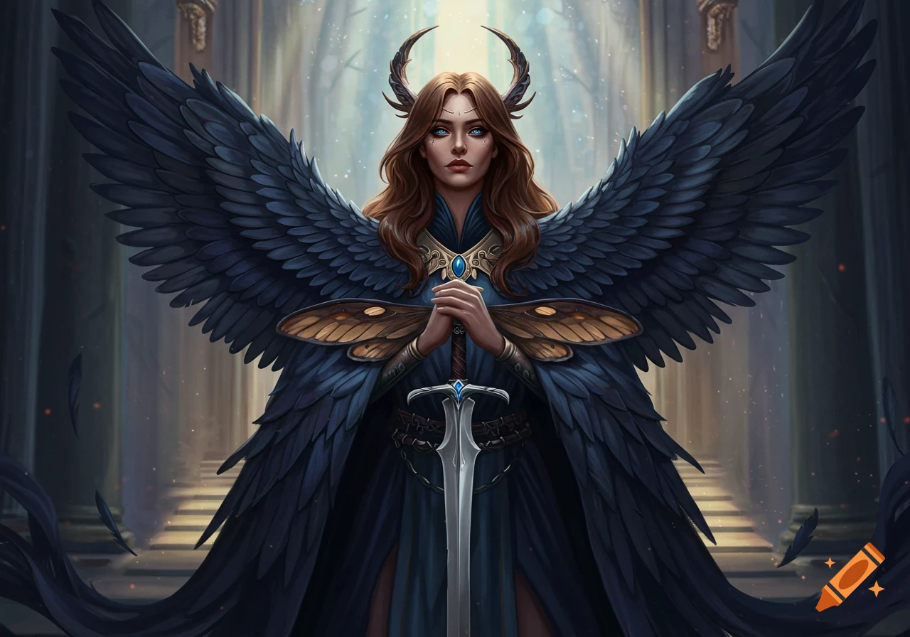 A fantasy woman with large black wings and horns, holding a sword in a grand hall.