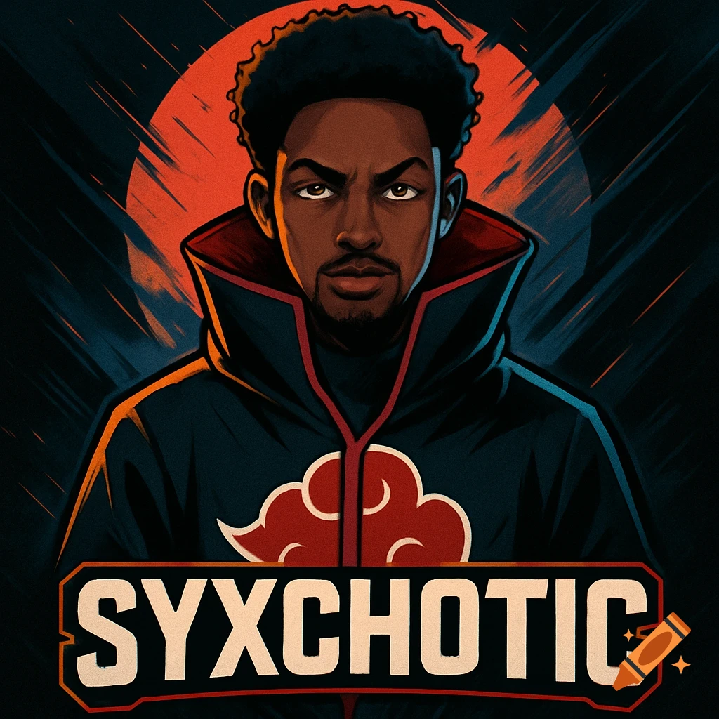 Animated portrait of a dark-skinned man in an Akatsuki cloak with an afro and goatee, in front of a red moon, text 'SYXCHOTIC'.