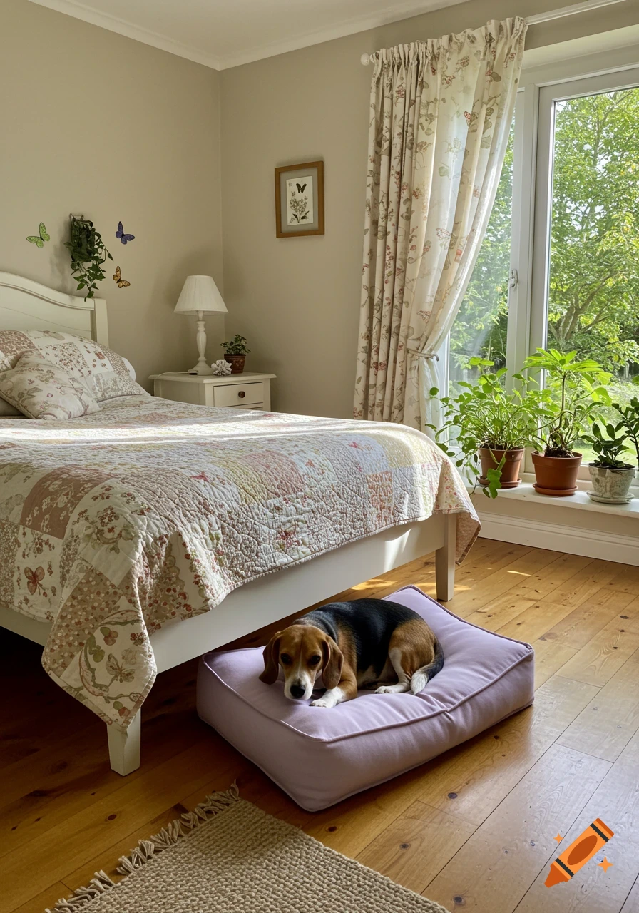 A photorealistic image of a beagle dog lying on a lavender bed in a cozy bedroom flooded with natural light.
