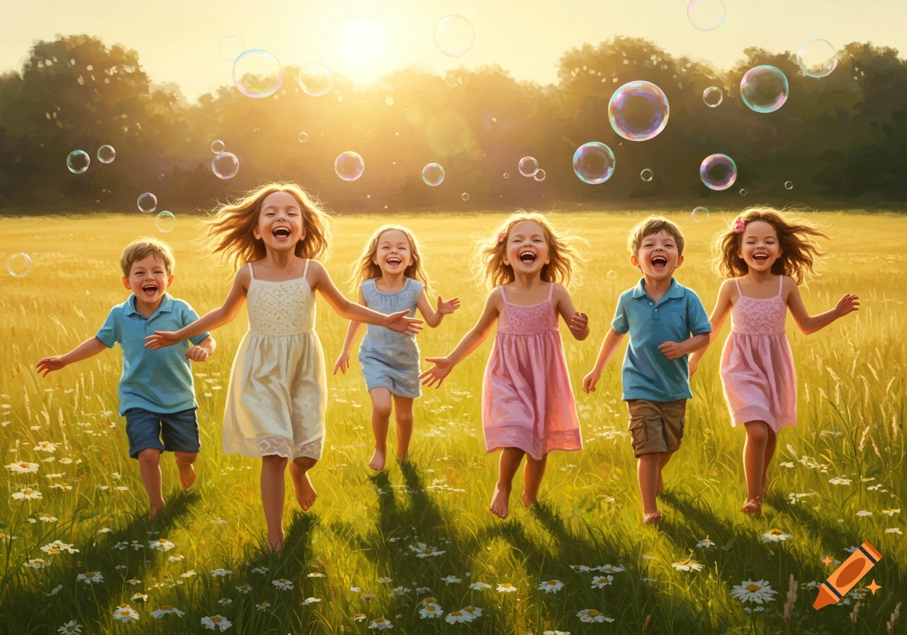 Six joyful children run barefoot through a sunlit field with bubbles, laughing and reaching out.