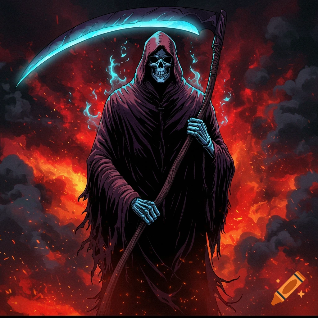 Manga-style grim reaper with a glowing blue scythe against a fiery, smoky red and black background.