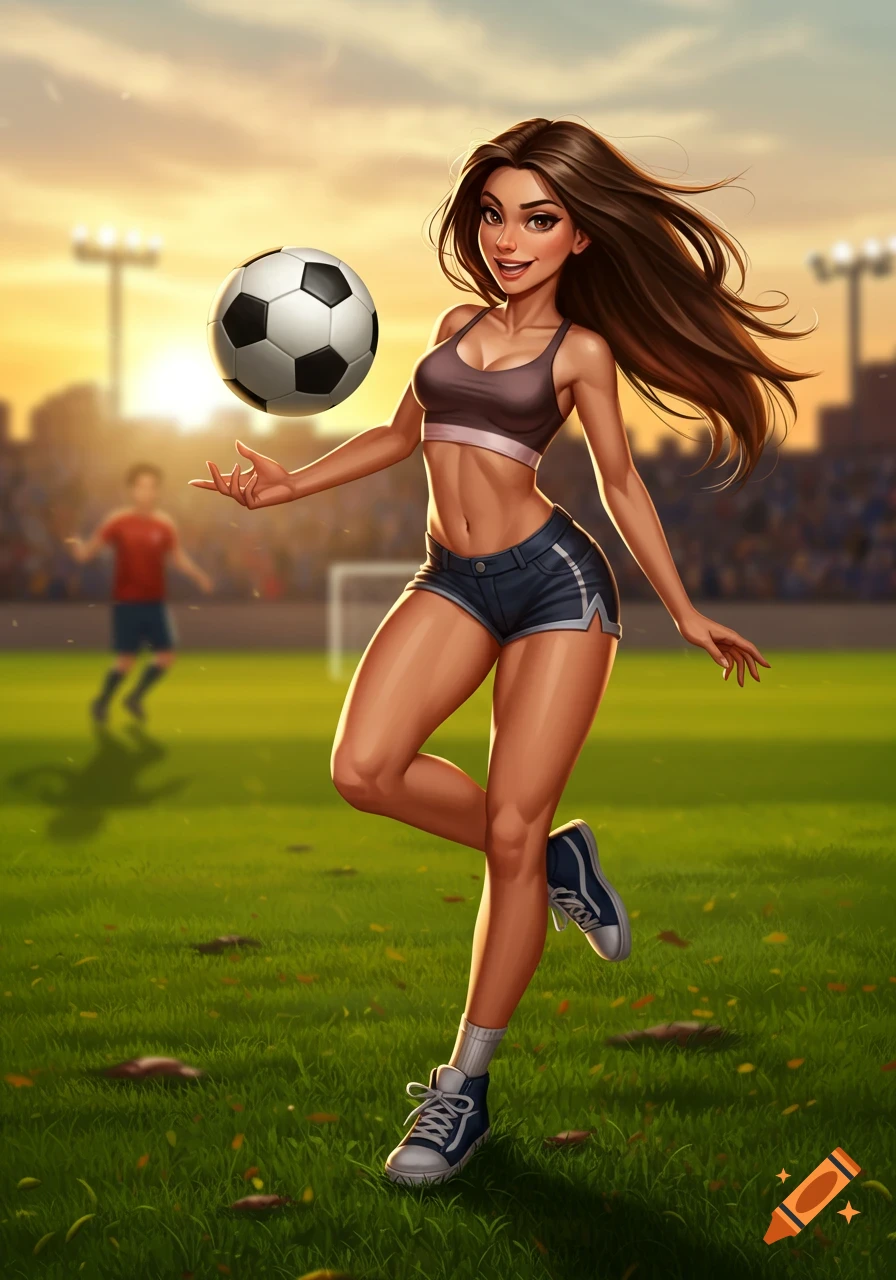 A stylized illustration of a sporty brunette girl juggling a soccer ball on a field at sunset.