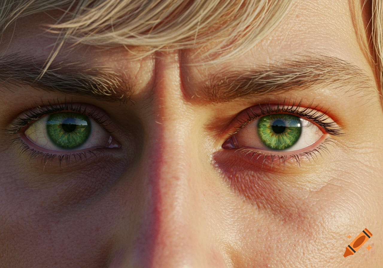 Close-up photorealistic portrait of a person's face focusing on their green eyes, furrowed brow, and blonde hair.