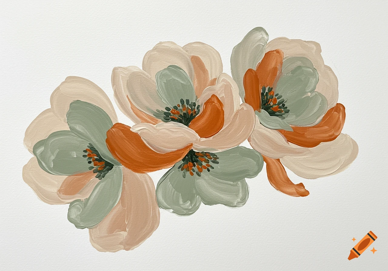 Abstract painting of three flowers with soft petals in beige, sage green, and rust orange on a white background.