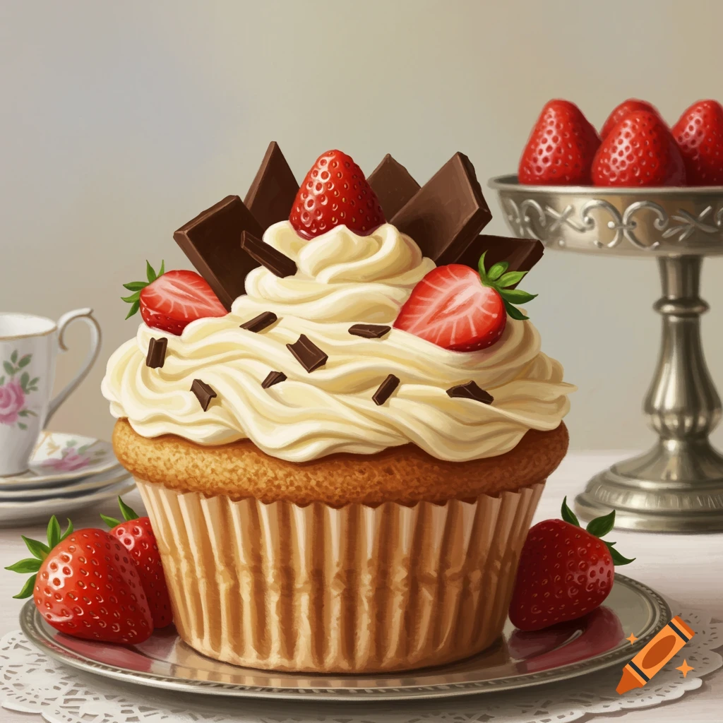 A large cupcake topped with vanilla frosting, chocolate pieces, and strawberries, on a silver plate with extra strawberries.
