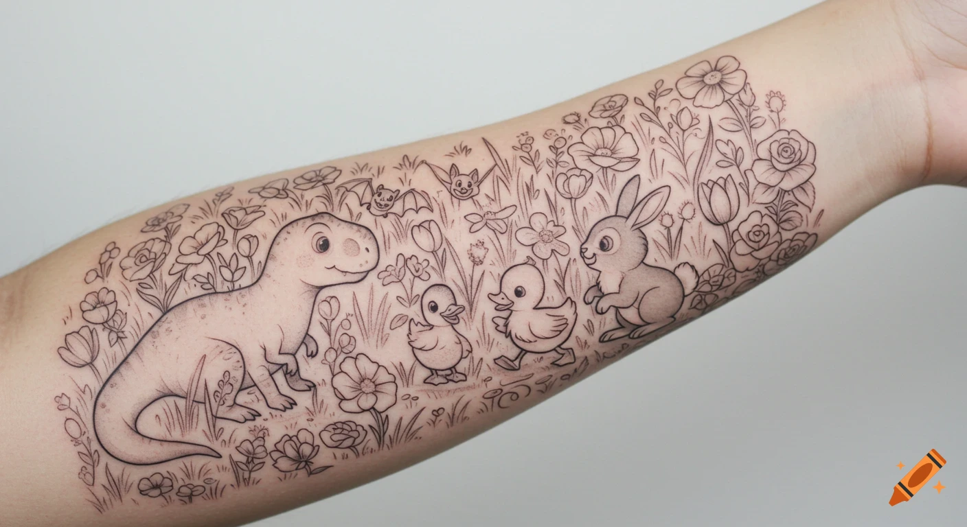 Black and white line-art tattoo on an arm depicting a cartoon dinosaur, two ducks, a rabbit, and a bat in a field of flowers.